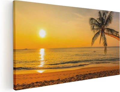 Artaza Canvas Schilderij Strand En Zee - 40x20 cm - Klein - Wanddecoratie Zonsondergang - Muurdecoratie Palmboom - Schilderijen Op Canvas Kust