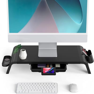 Famanu – Houten monitorstandaard met lade - bureauverhoger voor monitor - laptop of printer - geïntegreerde telefoonhouder - stevig ontwerp met hoog draagvermogen - zwart - 52 x 23,5 x 8,9 cm