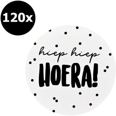120x Sticker Hiep Hiep Hoera! - Zwart - Wit - Sluitsticker - Sluitzegel - Feeststicker Presentje - Enveloppe - Cadeau - Gift - Cadeauzakje - Traktatie - Leuk inpakken - Sticker - 40mm - 120 Stuks
