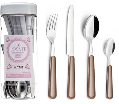 EME Brio Bestekset voor 4 personen, 16-delig, Roestvrij staal met gekleurd handvat, Hazelnut 99, Tube Box