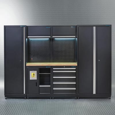 Datona® Werkplaatsinrichting PREMIUM met eiken werkblad 285 cm breed - Zwart