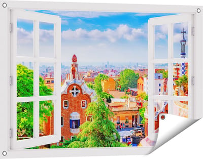 Gards Tuinposter Doorkijk Park Güell in Barcelona - Kleurrijk - 90x60 cm - Tuindoek - Tuindecoratie - Wanddecoratie buiten - Tuinschilderij