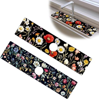 Absorberende Kraanmat Set van 2, Bescherming tegen Spatten voor Keuken en Badkamer, 15 x 4 Inch met Bloemenpatroon, Ideaal voor Onder de Kraan en Afvoer