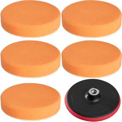 tectake®- Polijstsponzen Set – 5 x 150 mm Soft Polijstsponzen met Klittenband + 1 Steunschijf M14 – Geschikt voor Ongelijke Oppervlakken en Rondingen