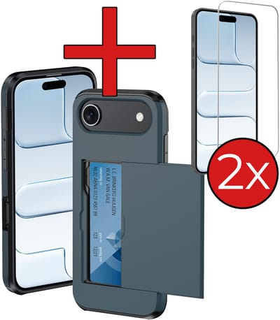 Hoesje Geschikt voor iPhone Air Hoesje Met Pasjeshouder Hard Case Met Kaarthouder Met 2x Screenprotector - Hoes Geschikt voor iPhone Air Hoesje Pashouder Case - Donkerblauw
