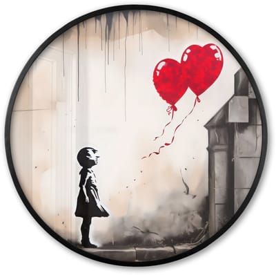 Poster in lijst Rond - Fotolijst 60x60 cm - Posters - Kunst - Meisje - Ballonnen - Hart - Grijs - Ronde posterlijst zwart - Decoratie - Wanddecoratie woonkamer - Muurdecoratie slaapkamer