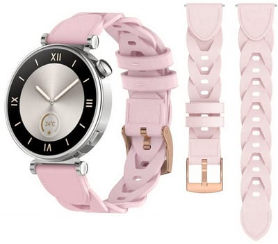 Stravo 18mm Gevlochten Leren Bandje – Uniek Gevlochten Design – Geschikt voor Garmin Vivoactive 4S / Vivomove 3S / Venu 2S / Venu 3S / Venu 4 41mm / Forerunner 255S / 265S / Huawei Watch GT 5 (42mm) / GT 5 Pro 42mm / GT 6 (41mm) – Roze