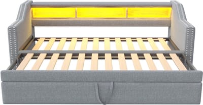 MODFU Uitklapbare slaapbank 90/180x190 cm – LED – USB – Opbergruimte – Lichtgrijs linnen