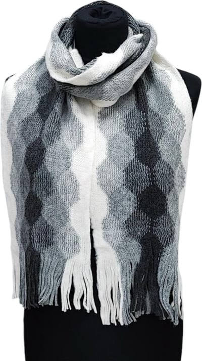 Lange Gebreide Sjaal - Unisex - Ecru/Grijs - 180 x 25 cm (144)