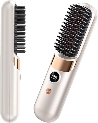 Draadloze stijlborstel met LED-display – Draagbare keramische haarstijlborstel, 4 temperatuurinstellingen 140–199°C, USB-oplaadbaar 3600mAh, brandwerende reis-haarstyler voor dames (Beige)