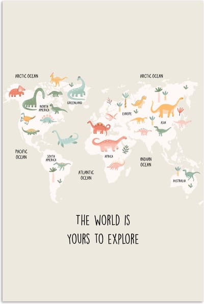 Poster 120x180 cm - Wereldkaart - Dino - Kinderen - Dinosaurus - Posters - Kamer decoratie accessoires - Wanddecoratie kinderkamer - Muurdecoratie babykamer