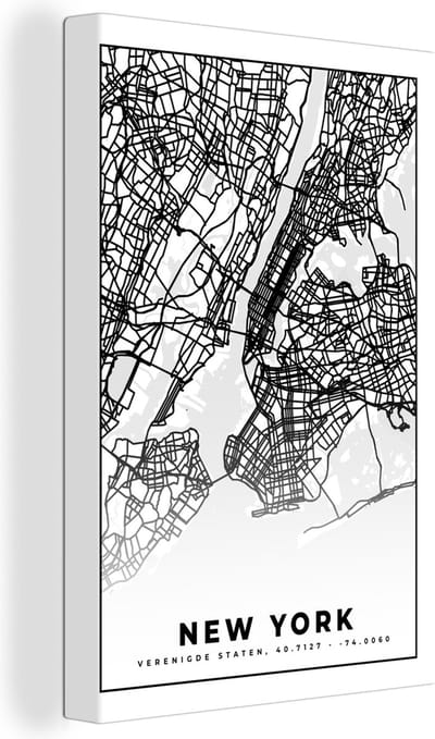 Canvas Schilderij New York - Stadskaart - Zwart Wit - Plattegrond - Kaart - 20x30 cm - Wanddecoratie