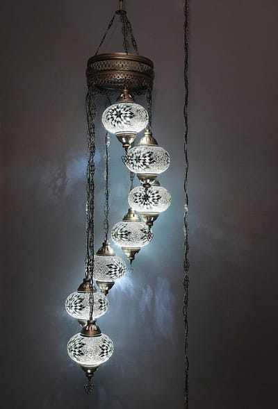 Turkse lamp - mozaïek hanglamp wit - 7 bollen - handgemaakt en authentiek - E14 verlichting