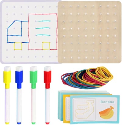 Houten Geo Bord - Wiskunde Speelgoed - Vormen Leren - 64 Spijkers - 16.5 x 16.2 cm - Houtkleur