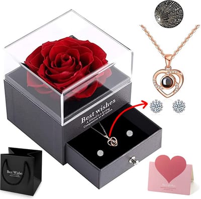 Blazelife - Eeuwige Bloem Rose + Sieraden Doos + Rose Goud Hartjes Ketting + Oorbel- Eeuwige Roos Cadeau voor Vrouw- Verjaardag Cadeau Vriendin - Romantisch Cadeau - Huwelijksaanzoek - Liefde -925 Silver