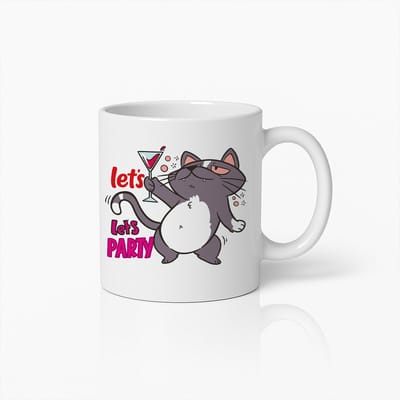Grappige Kat “Let’s Party” Witte Mok – Leuke Drinkende Kat Cartoon – 330 ml Feestelijke Koffiebeker Cadeau