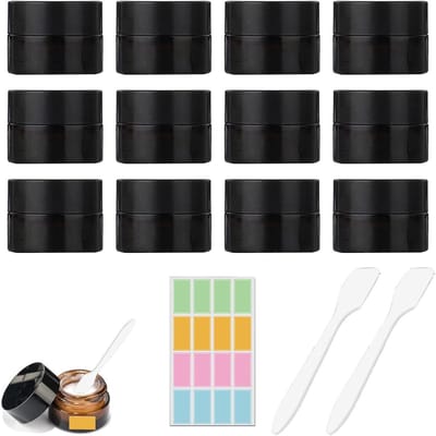 12 Stuks Bruine Glazen Potjes met Deksel | Lege Potjes voor Crèmes, Lotion en Cosmetica | 5ml Flessen met Schraper en Stickers | Herbruikbare en UV-Beschermende Potjes voor Verzorging