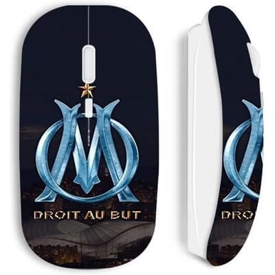 Souris sans fil - maniacase - Blanche - Logo OM bleu et doré - Optique - USB