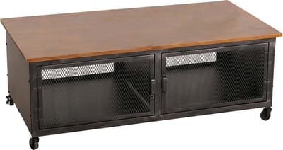 Salontafel MCW-N28, sofatafel, wielen 2 vakken, 3D structuur industrieel retro metaal hout 45x120x60cm ~ zwart, bruin