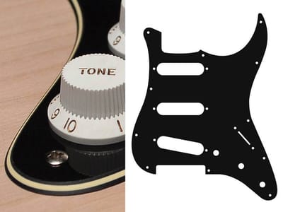 Boston ST-313-BC pickguard, Stallion, standard, SSS, 3 pot holes, 3-5 switch, 3 ply, black and cream