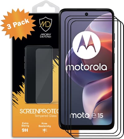 3-Pack MobyDefend Screenprotectors - Geschikt voor Motorola Moto E15 - Screensavers Met Zwarte Randen - Gehard Glas