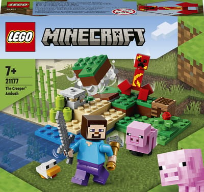 LEGO® Minecraft® De CreeperTM hinderlaag 21177 bouwset boordevol game-avonturen met Steve, een biggetje, een kuiken en een rode exploderende Creeper; leuk, creatief speelgoed voor gamers en kinderen vanaf 7 jaar (72 onderdelen)
