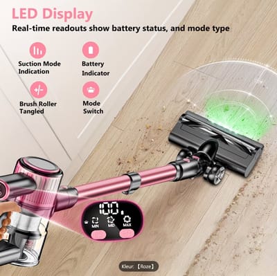 Draadloze Steelstofzuiger 45KPA – Krachtige Accu Stofzuiger met LED Display, 6-Laags Filtersysteem, 45 Min Accuduur, Inclusief 10 Opzetstukken – Geschikt voor Huisdieren & Harde Vloeren ROZE