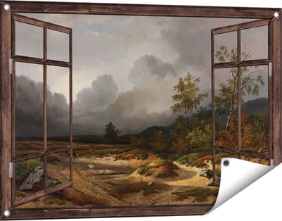 Gards Tuinposter Doorkijk Landschap bij Naderend Onweer - Willem Roelofs - 90x60 cm - Tuindoek - Tuindecoratie - Wanddecoratie buiten - Tuinschilderij