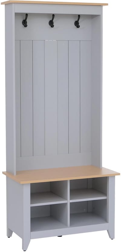 Garderobekast MCW-P28, staande garderobekast met schoenenrek en zitbank, 3 haken, 4 opbergvakken, melamine, 170 x 76 x 39 cm ~ lichtgrijs, naturel