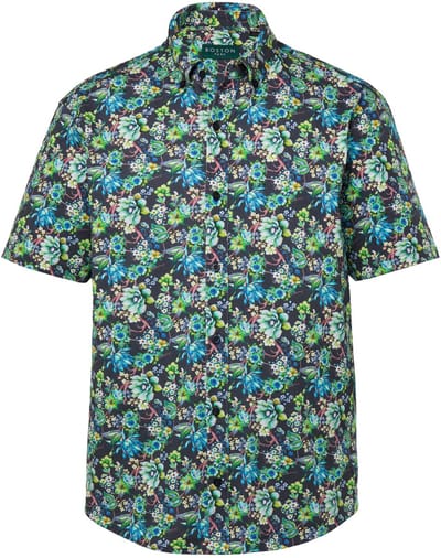Boston Park - Heren - Piqué-overhemd korte mouw all-over print Kentkraag - Navy blauw - Maat XL