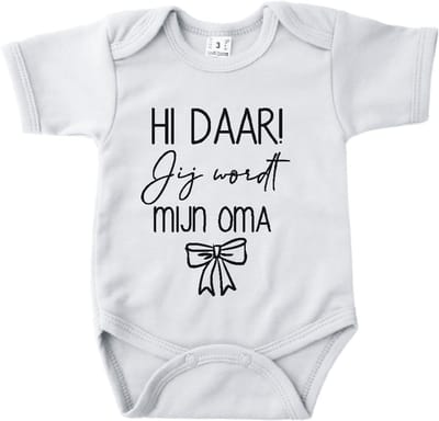 Baby romper met tekst zwangerschap aankondiging | Hi daar jij wordt mijn Oma met strik wit | korte mouw | maat 56 cadeautje zwangerschap aankondiging bekendmaking | Cadeautje 100% katoen.