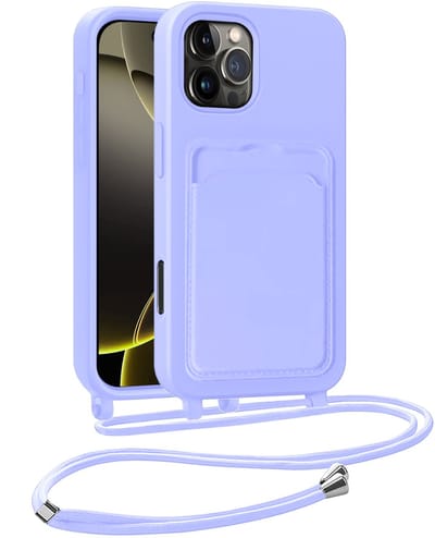 Hoesje Geschikt voor iPhone 16 Pro Telefoonhoesje Met Koord Case Pashouder Siliconen - Hoes Geschikt voor iPhone 16 Pro Hoesje Met Kaarthouder - Lila