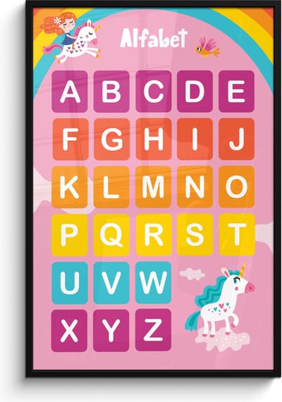 Poster in lijst - Fotolijst 80x120 cm - Posters - Alfabet - Educatief - Letters leren voor kinderen - Roze - Eenhoorn - Posterlijst zwart - Kamer decoratie - Wanddecoratie kinderkamer - Muurdecoratie babykamer