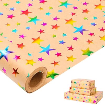Kraftpapier Rol 10m met Kleurrijke Sterren - Recyclebaar Inpakpapier voor Verjaardag, Kerstmis en Feestelijke Decoraties
