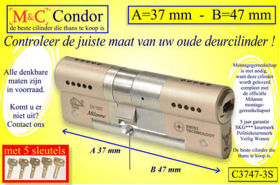 M&C Conder high-tech security deurcilinder 37x47 mm MET 5 SLEUTELS - SKG*** - Politiekeurmerk Veilig Wonen  -  inclusief MilaNNE gereedschap montageset en hangslot kaars