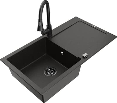 Mexen Leo granieten gootsteen 1-kamer met afdruiprek en keukenmengkraan Elia, zwart/gouden metallic - 6501-75-670101-70-B