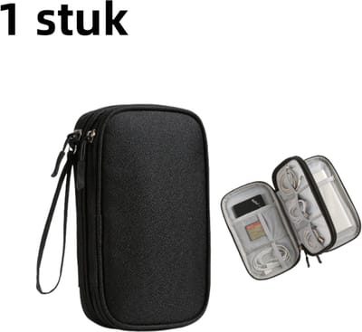 1 stuk - Opbergtas voor datakabel - geschikt voor oplader, mobiele stroom, oplaadkabel - reisschokbestendig - zwart (dubbellaags)