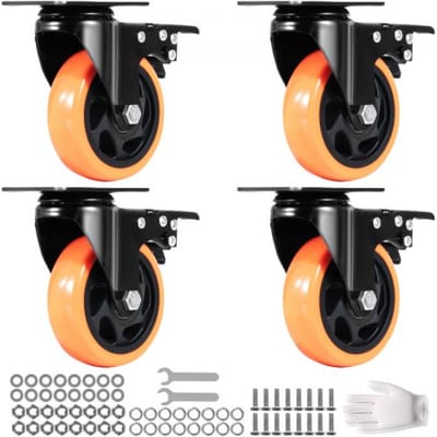 VEVOR Meubelwielen Set van 4 Zwenkwielen PVC φ101.6mm Wielen Draagvermogen 635kg Transportwielen met A/B Remmen Bakwielen 360° Draaibaar Zware Wielen voor Huizen Kantoren Studio's Fabrieken