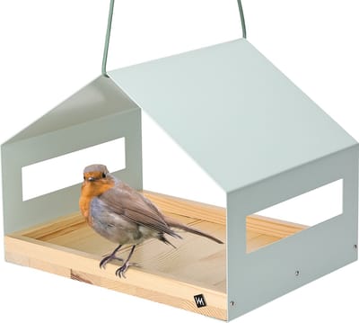 WONDERMAKE® Groot design vogelhuis van metaal en hout weerbestendig om op te hangen, moderne vogelvoeder XL metalen dakophanging, vogelhuisvoeder voor vogels, roestvrij staal grenen, turkooisgrijs mint