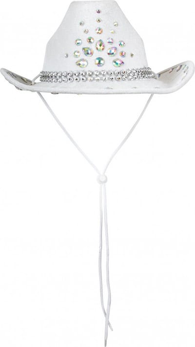 KIMU® Cowboyhoed Wit Diamanten - Leatherlook Steentjes Witte Cowboy Hoed - Toppers Foute Party Dames Heren Fout Festival