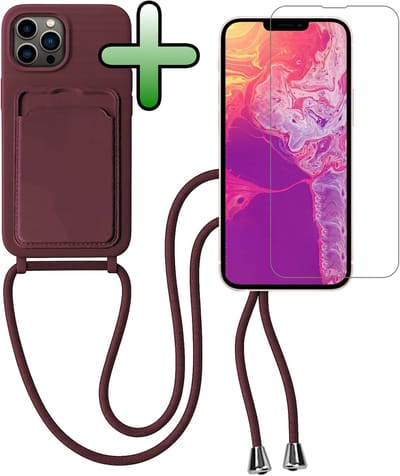 Hoes Geschikt voor iPhone 13 Pro Hoesje Pas Houder Case Hoes Met Koord Met Screenprotector - Hoesje Geschikt voor iPhone 13 Pro Hoes Met Telefoonkoord Pasjeshouder Cover - Aubergine