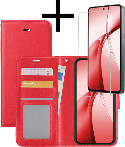 Hoesje - Met Screenprotector - Geschikt voor OnePlus Nord CE4 - Luxe Pasjeshouder - Bookcase Portemonee - Flip Case - Kunstleer Book Case - Flipcase - Book Cover - Walletcase - Portemonneehoes - Rood