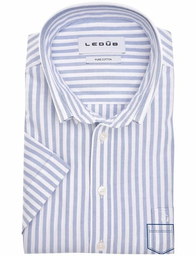 katoenen Ledub overhemd korte mouw blauw gestreept