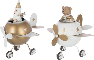 J-Line decoratie Beer + Kerstman In Vliegtuig - metaal - wit/goud - large - 2 stuks