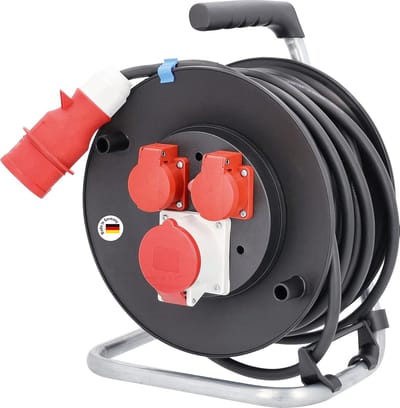 Starkstroom Kabeltrommel 25m met 2x 230V Stopcontact en 1x 400V 16A CEE-Aansluiting voor Buiten en Werk
