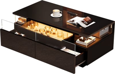 Salontafel zwart - Hoogglans salontafel - Met led verlichting - 2 lades en dienblad - 50 kg draagkracht - Voor woonkamer - 90x45x35,5 cm - Zwart