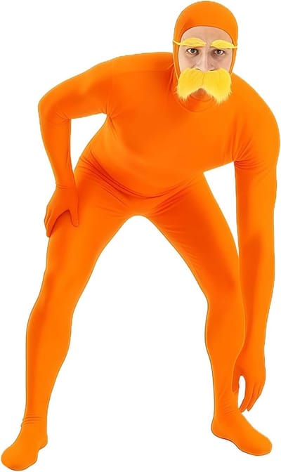 Lollige oranje volledige bodystockings voor mannen en vrouwen, perfect voor Halloween, carnaval en verkleedfeestjes met snor