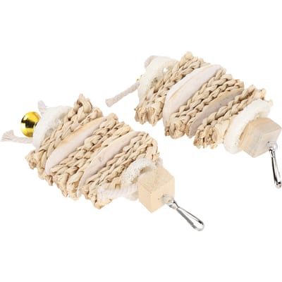 2 Pièces Jouets à Mâcher pour Oiseaux Perroquets Os de Seiche Enveloppe de Maïs Luffa Corde Pendentif Jouets d'Escalade et à Mordre beige