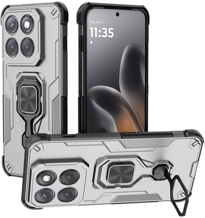 MobyDefend Hoesje - Geschikt voor Motorola Edge 70 Pro - Dubbelgelaagde Pantsercase Met Standaard - Zilvergrijs