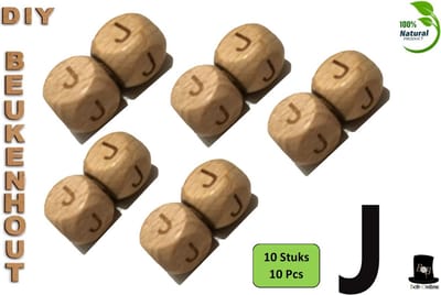 Bob Online ™ - Setje van 10 Stuks - ‘J’ Vierkant Beukenhout Kralen 12mm met ca. 3.5mm Gaatje – Houten Letter Kubus Kralen – DIY Houten Alfabet Kralen Laser Gegraveerd – 12mm Beech Wood ‘J’ Lazer Engraved Letter Beads – Doe-het-zelf Alfabet Kralen